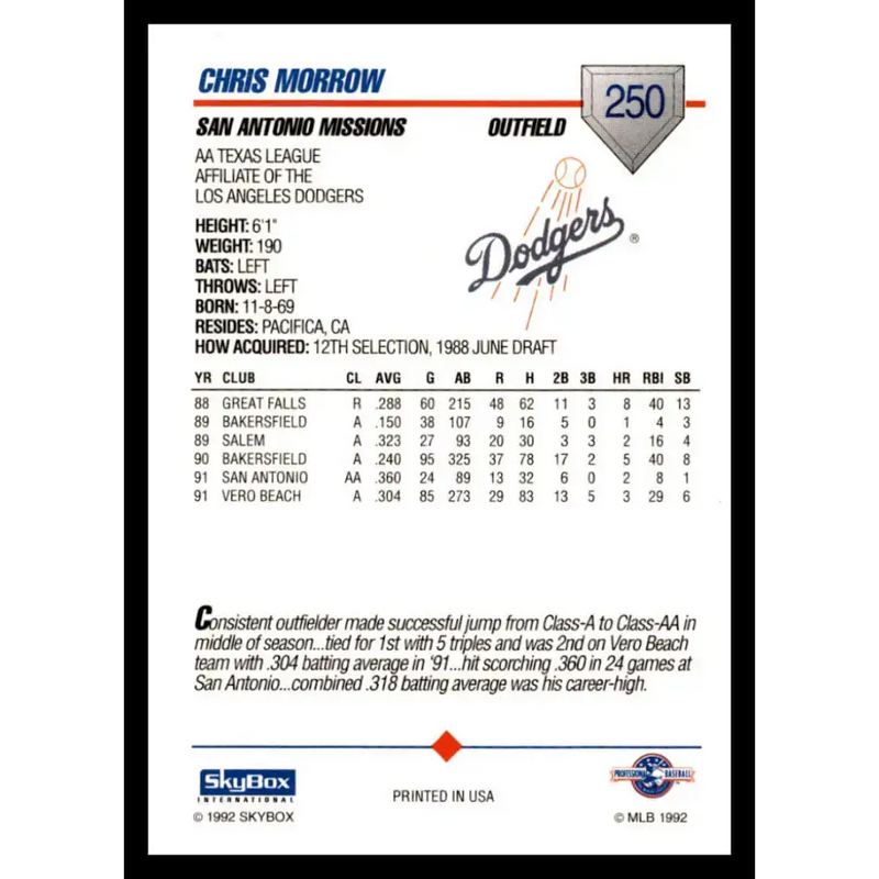 1992 Skybox AA #250 Chris Morrow San Antonio Missions NM-MT Baseball Card - Baseball Card Single