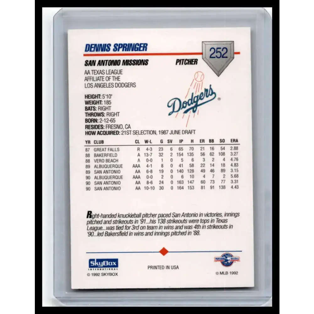 1992 Skybox AA #252 Dennis Springer San Antonio Missions NM-MT Baseball Card - Baseball Card Single
