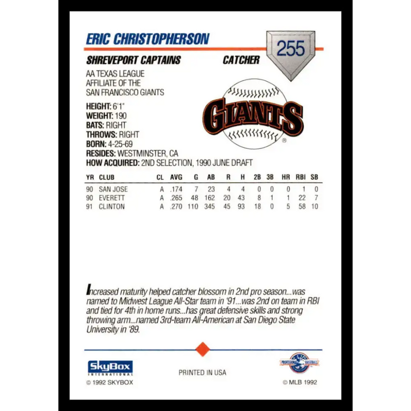 1992 Skybox AA #255 Eric Christopherson Shreveport Captains NM-MT Baseball Card - Baseball Card Single