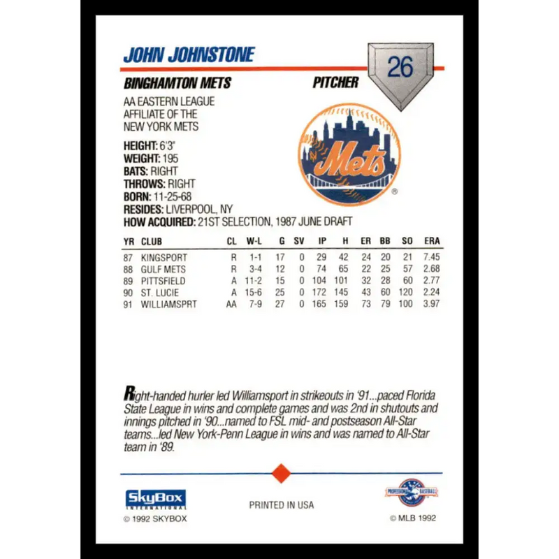 1992 Skybox AA #26 John Johnstone Binghamton Mets NM-MT Baseball Card - Baseball Card Single