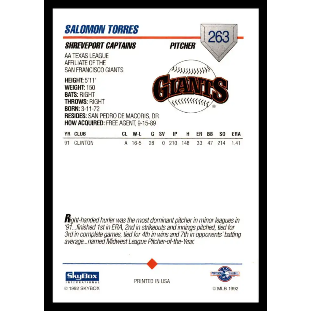 1992 Skybox AA #263 Salomon Torres Shreveport Captains NM-MT Baseball Card - Baseball Card Single
