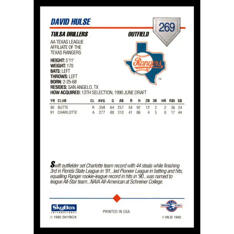 1992 Skybox AA #269 David Hulse Tulsa Drillers NM-MT Baseball Card - Baseball Card Single