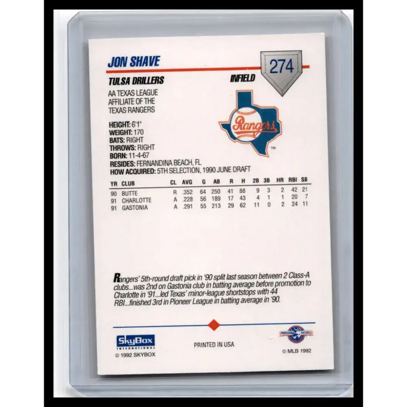 1992 Skybox AA #274 Jon Shave Tulsa Drillers NM-MT Baseball Card - Baseball Card Single