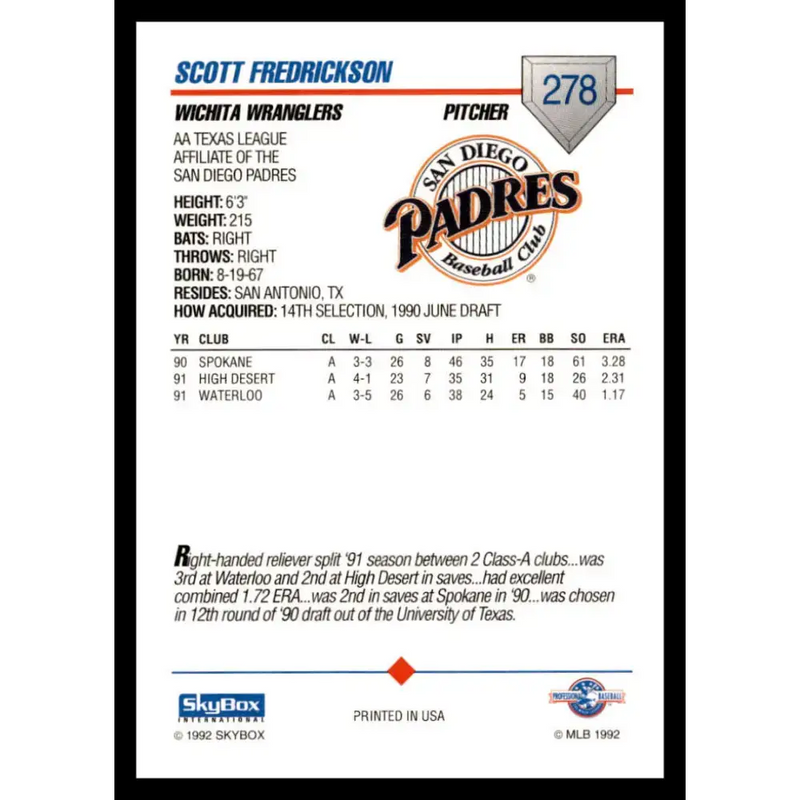 1992 Skybox AA #278 Scott Fredrickson Wichita Wranglers NM-MT Baseball Card - Baseball Card Single