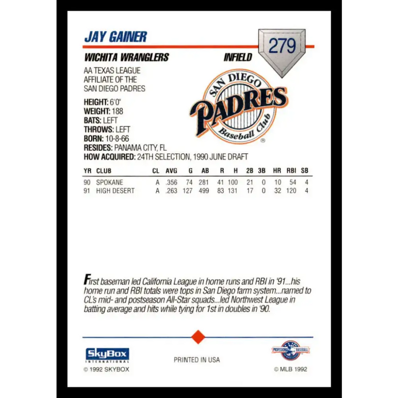 1992 Skybox AA #279 Jay Gainer Wichita Wranglers NM-MT Baseball Card - Baseball Card Single