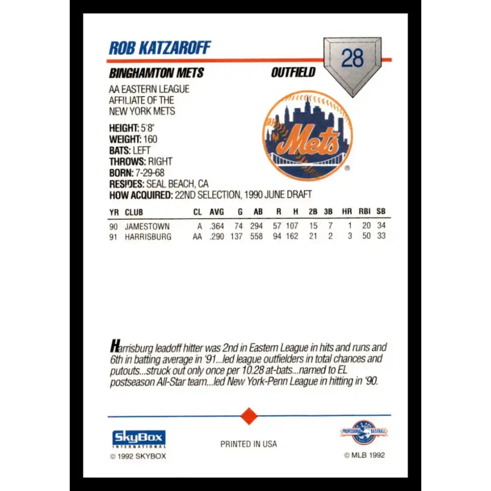 1992 Skybox AA #28 Rob Katzaroff Binghamton Mets NM-MT Baseball Card - Baseball Card Single