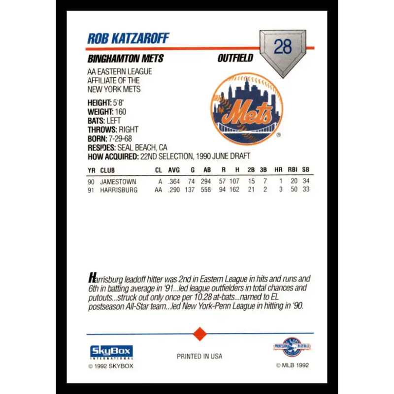 1992 Skybox AA #28 Rob Katzaroff Binghamton Mets NM-MT Baseball Card - Baseball Card Single