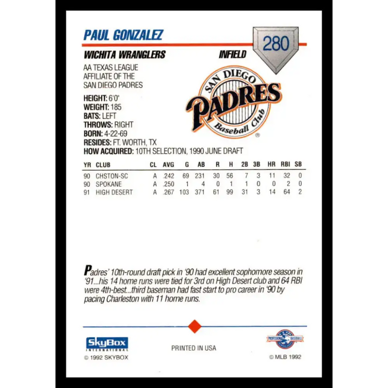 1992 Skybox AA #280 Paul Gonzalez Wichita Wranglers NM-MT Baseball Card - Baseball Card Single