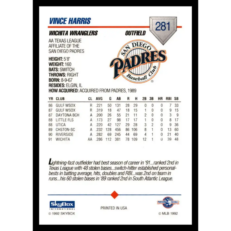1992 Skybox AA #281 Vince Harris Wichita Wranglers NM-MT Baseball Card - Baseball Card Single