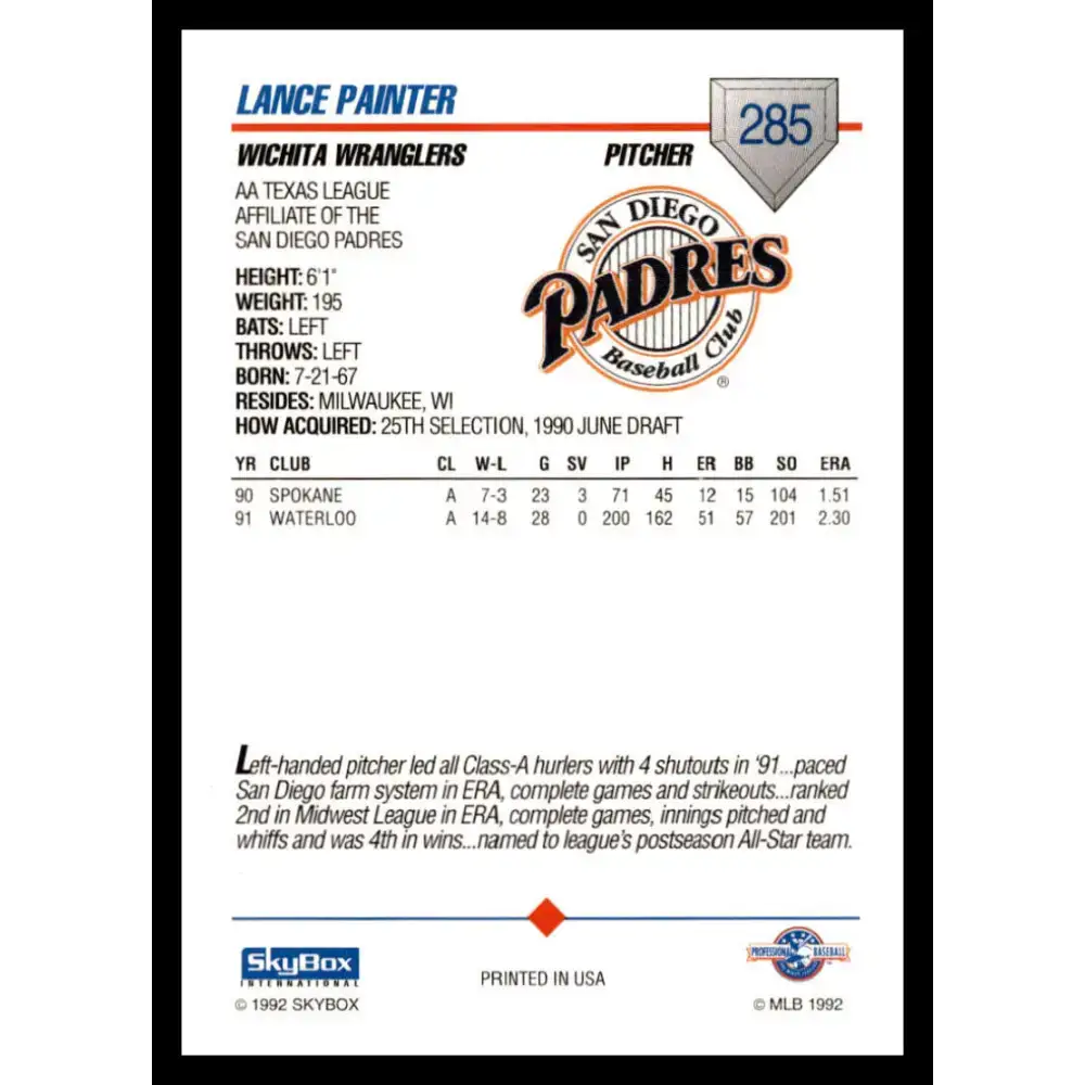 1992 Skybox AA #285 Lance Painter Wichita Wranglers NM-MT Baseball Card - Baseball Card Single