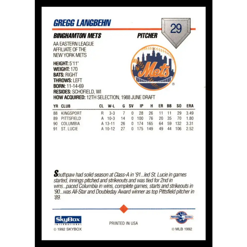 1992 Skybox AA #29 Gregg Langbehn Binghamton Mets NM-MT Baseball Card - Baseball Card Single