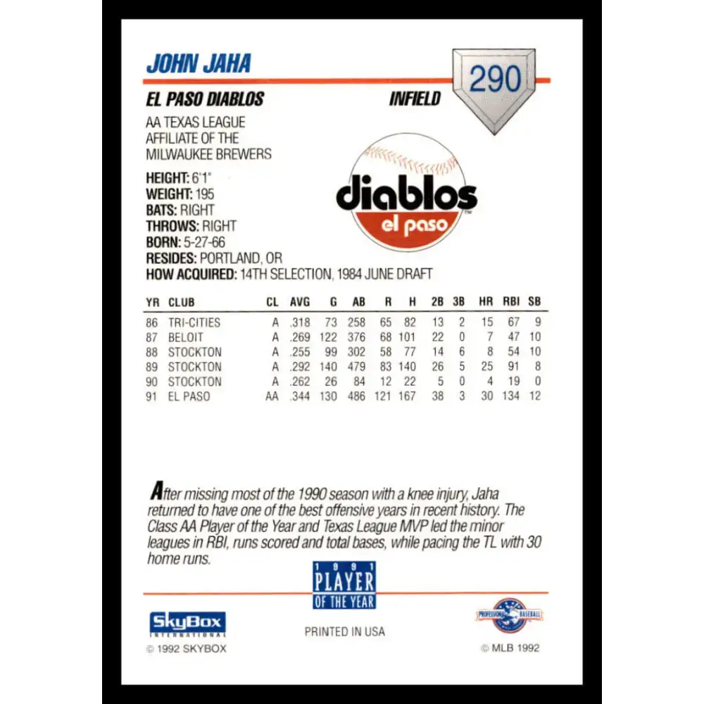 1992 Skybox AA #290 John Jaha El Paso Diablos NM-MT Baseball Card - Baseball Card Single