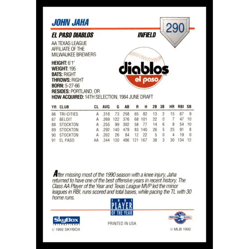 1992 Skybox AA #290 John Jaha El Paso Diablos NM-MT Baseball Card - Baseball Card Single