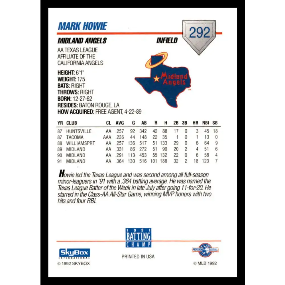 1992 Skybox AA #292 Mark Howie Midland Angels NM-MT Baseball Card - Baseball Card Single