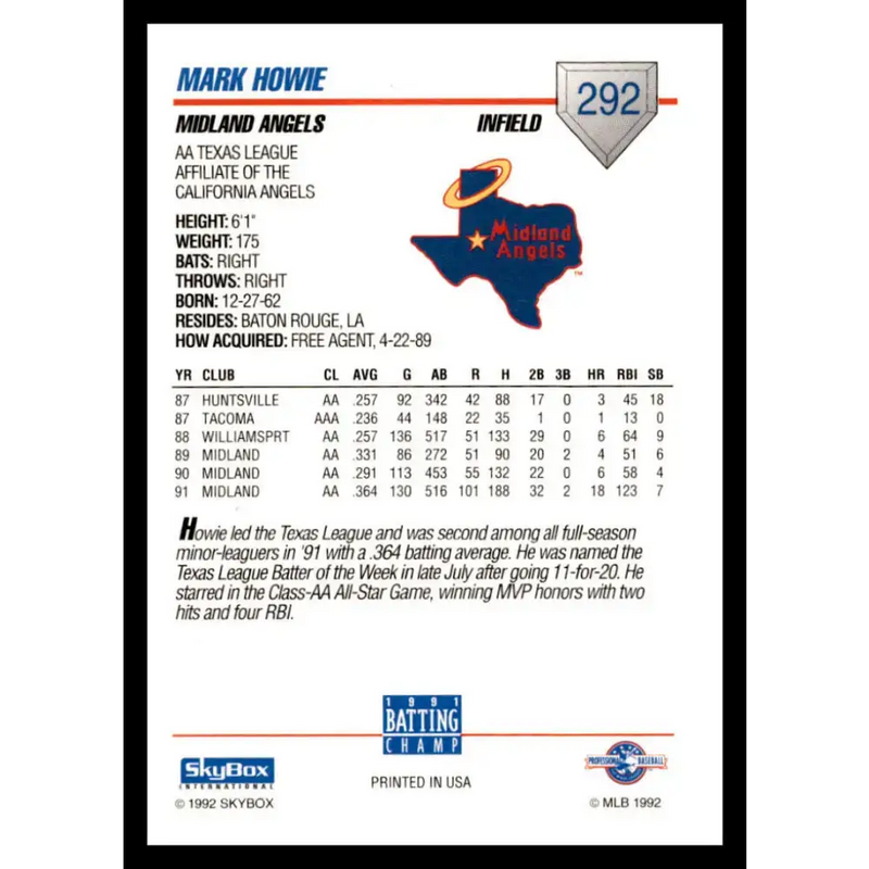 1992 Skybox AA #292 Mark Howie Midland Angels NM-MT Baseball Card - Baseball Card Single