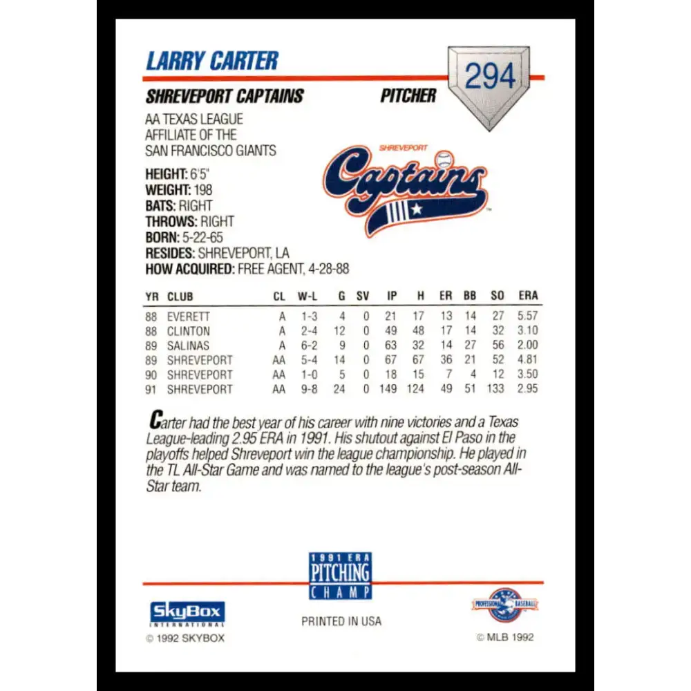 1992 Skybox AA #294 Larry Carter Shreveport Captains NM-MT Baseball Card - Baseball Card Single