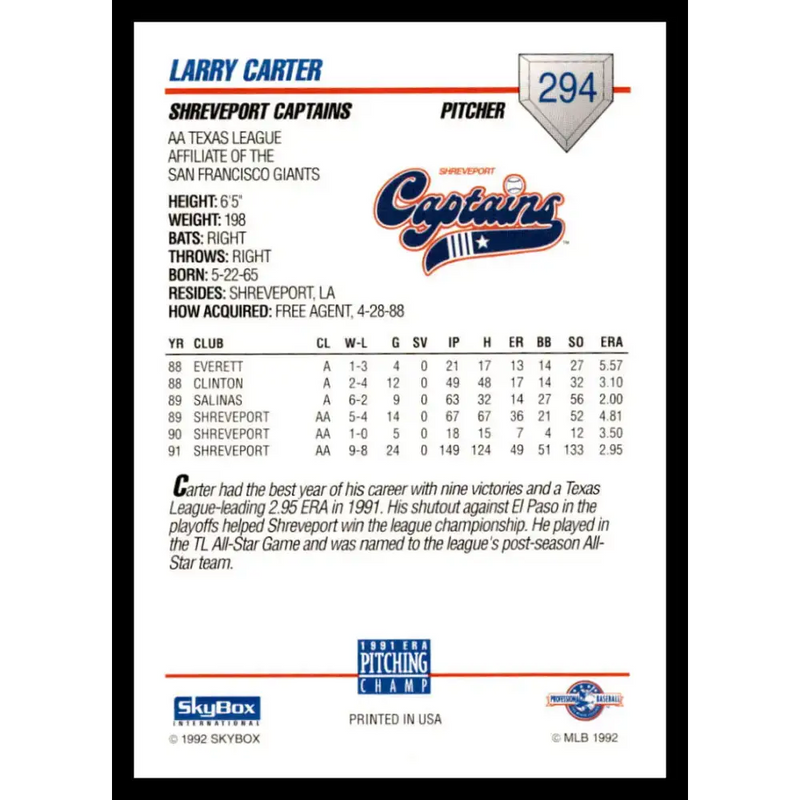 1992 Skybox AA #294 Larry Carter Shreveport Captains NM-MT Baseball Card - Baseball Card Single