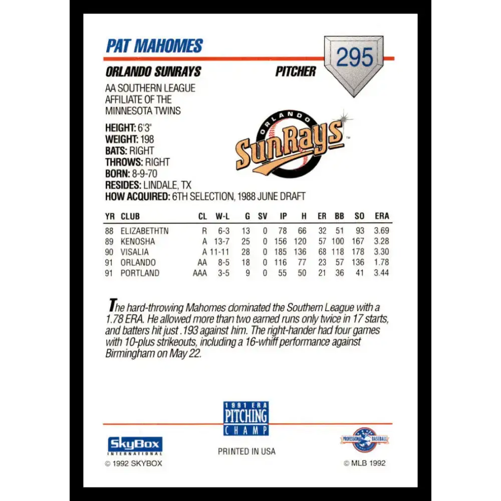 1992 Skybox AA #295 Pat Mahomes Orlando Sun Rays NM-MT Baseball Card - Baseball Card Single