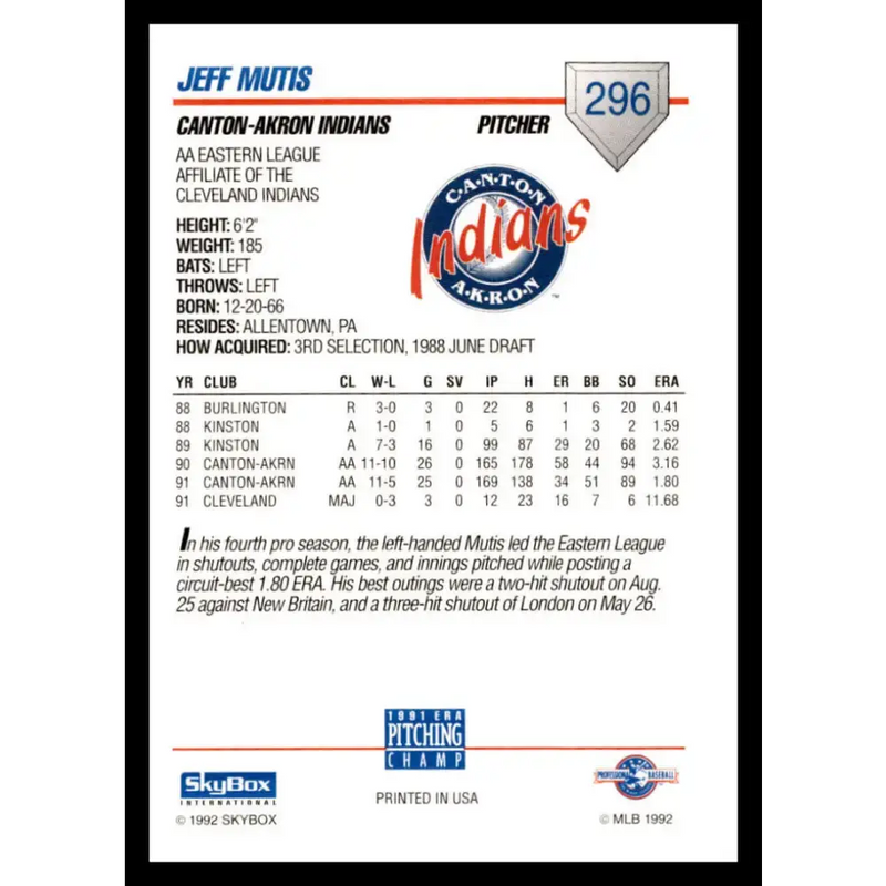 1992 Skybox AA #296 Jeff Mutis Canton-Akron Indians NM-MT Baseball Card - Baseball Card Single