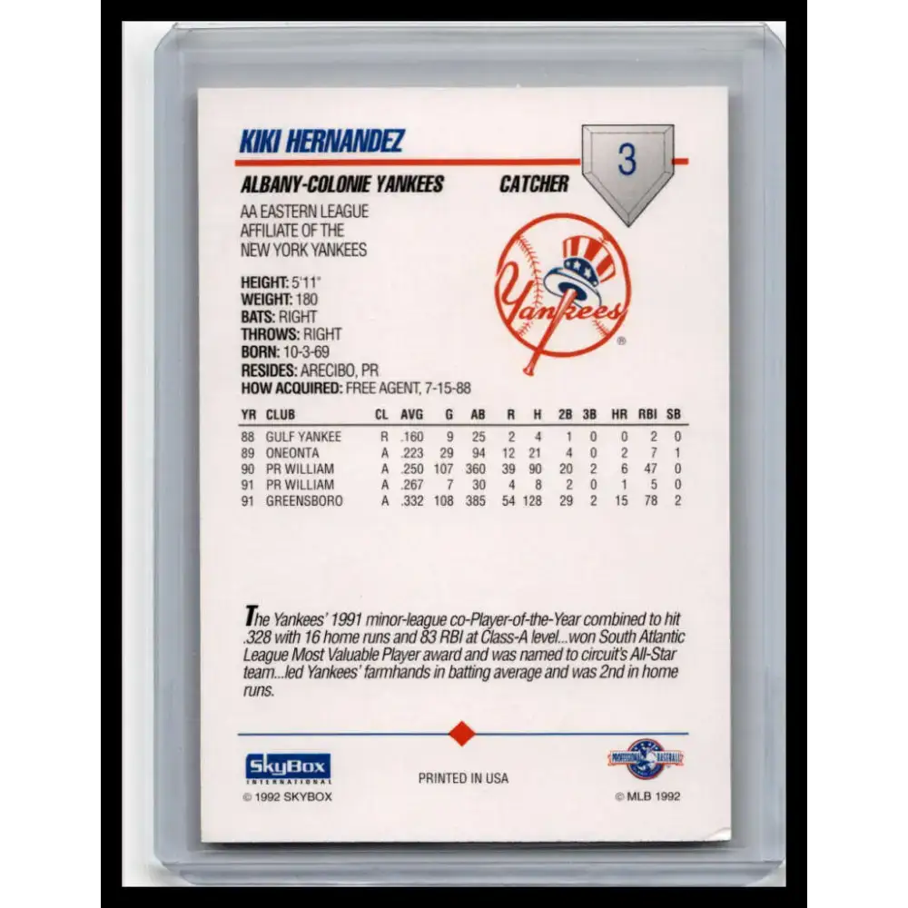 1992 Skybox AA #3 Kiki Hernandez Albany-Colonie Yankees NM-MT Baseball Card - Baseball Card Single