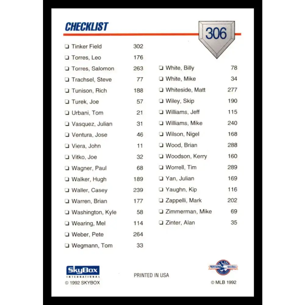1992 Skybox AA #306 Checklist Alpha 4 Checklist NM-MT Baseball Card - Baseball Card Single