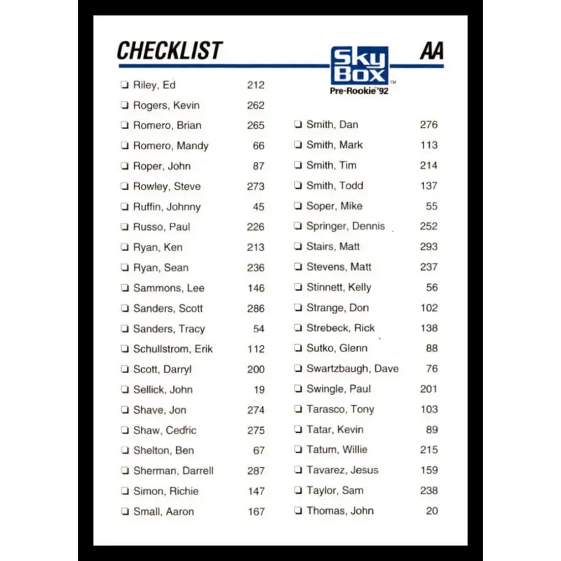 1992 Skybox AA #306 Checklist Alpha 4 Checklist NM-MT Baseball Card - Baseball Card Single