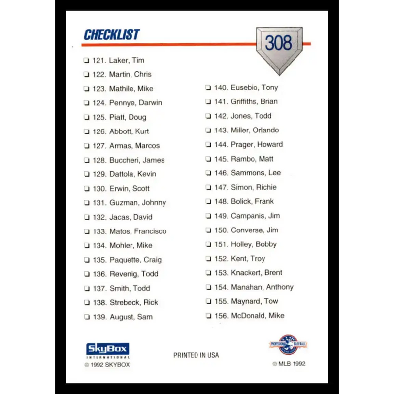 1992 Skybox AA #308 Checklist Numeric 2 Checklist NM-MT Baseball Card - Baseball Card Single