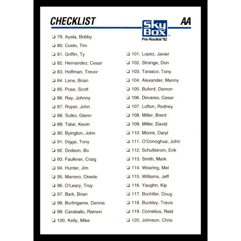1992 Skybox AA #308 Checklist Numeric 2 Checklist NM-MT Baseball Card - Baseball Card Single