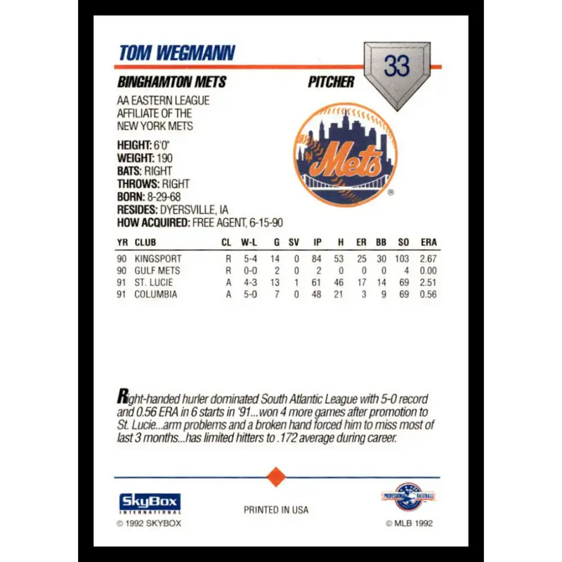 1992 Skybox AA #33 Tom Wegmann Binghamton Mets NM-MT Baseball Card - Baseball Card Single