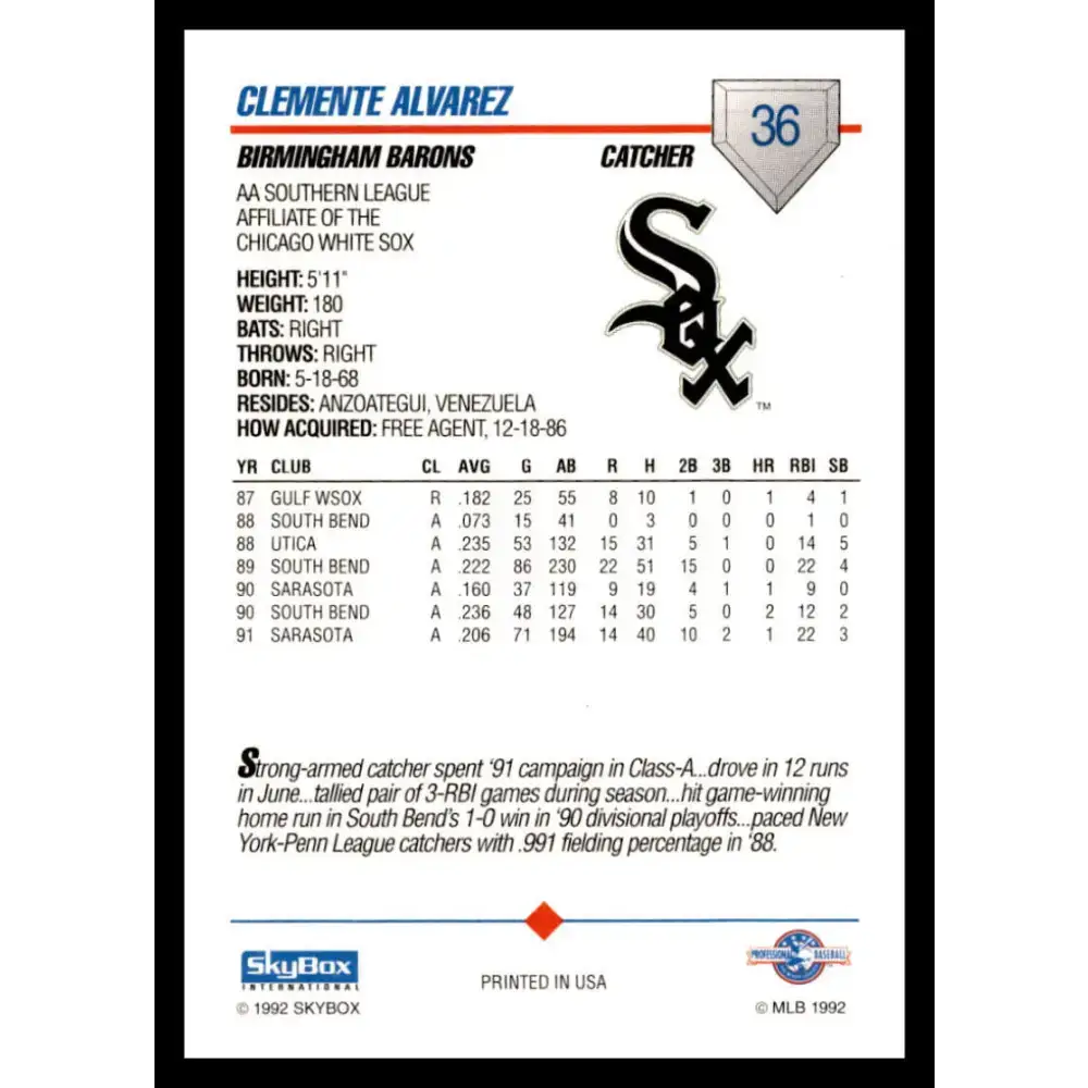 1992 Skybox AA #36 Clemente Alvarez Birmingham Barons NM-MT Baseball Card - Baseball Card Single