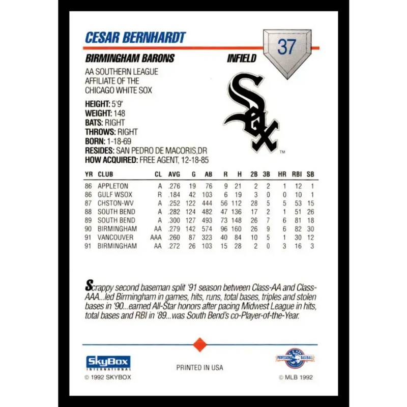 1992 Skybox AA #37 Cesar Bernhardt Birmingham Barons NM-MT Baseball Card - Baseball Card Single