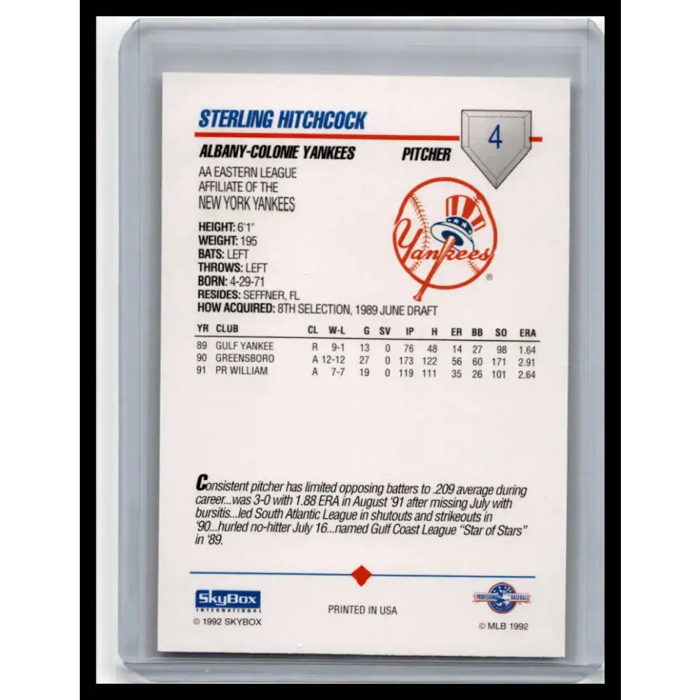 1992 Skybox AA #4 Sterling Hitchcock Albany-Colonie Yankees NM-MT Baseball Card - Baseball Card Single