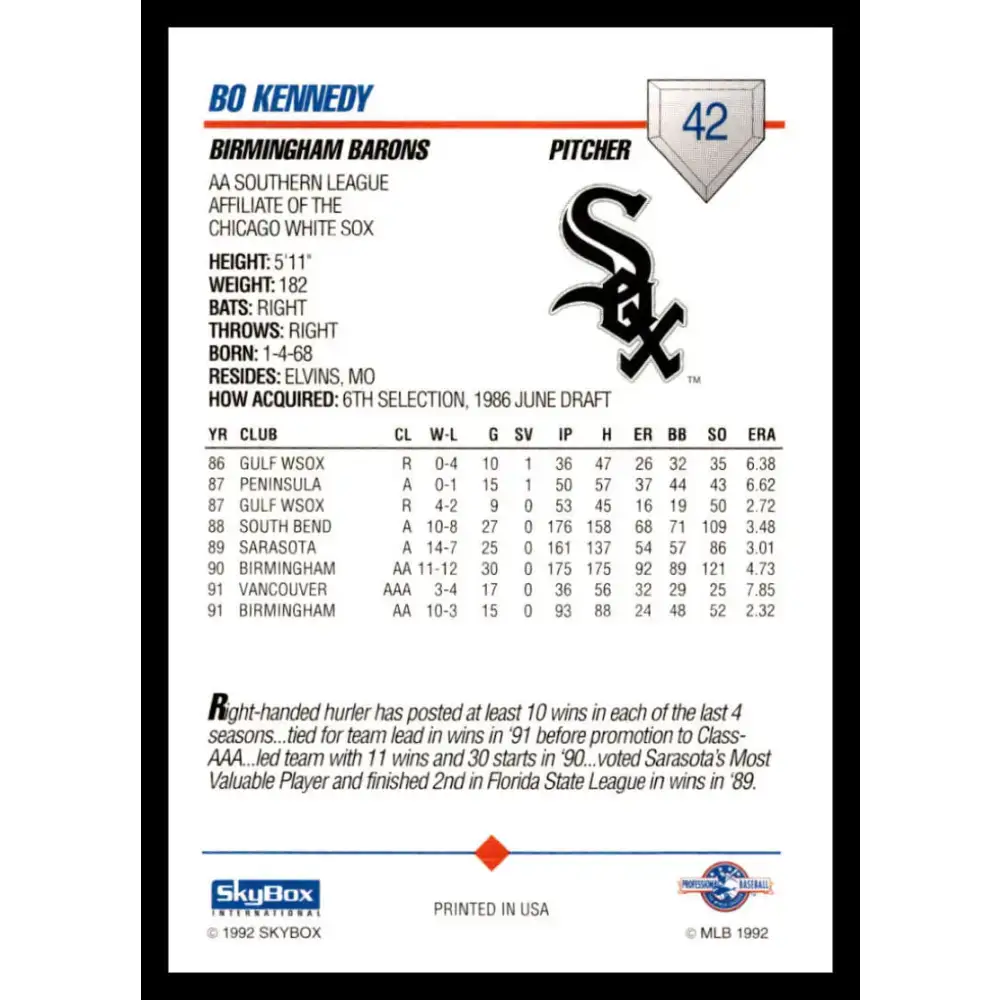 1992 Skybox AA #42 Bo Kennedy Birmingham Barons NM-MT Baseball Card - Baseball Card Single