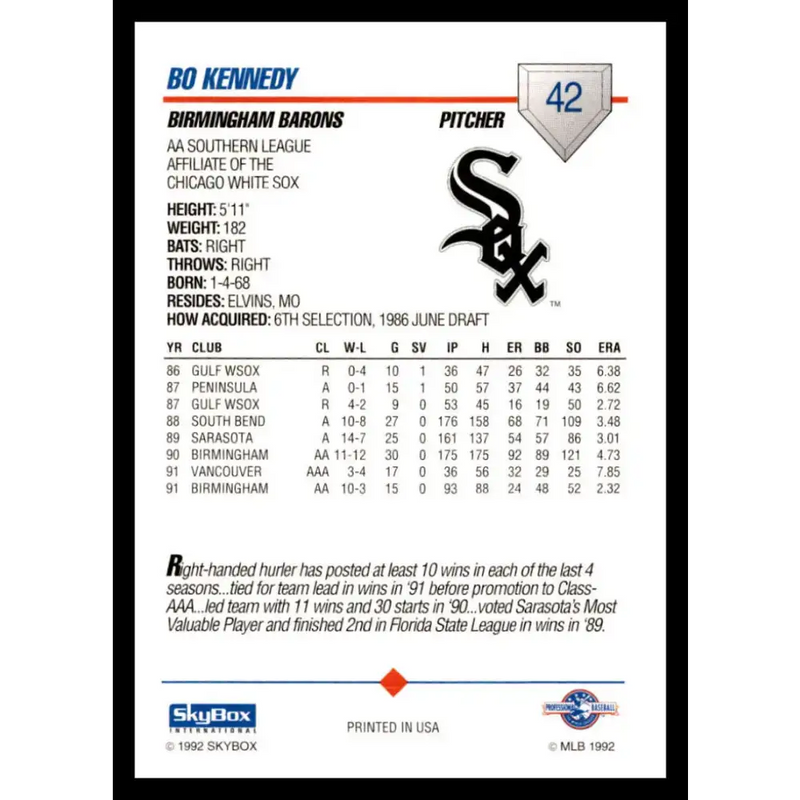 1992 Skybox AA #42 Bo Kennedy Birmingham Barons NM-MT Baseball Card - Baseball Card Single
