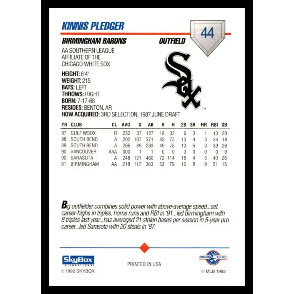 1992 Skybox AA #44 Kinnis Pledger Birmingham Barons NM-MT Baseball Card - Baseball Card Single
