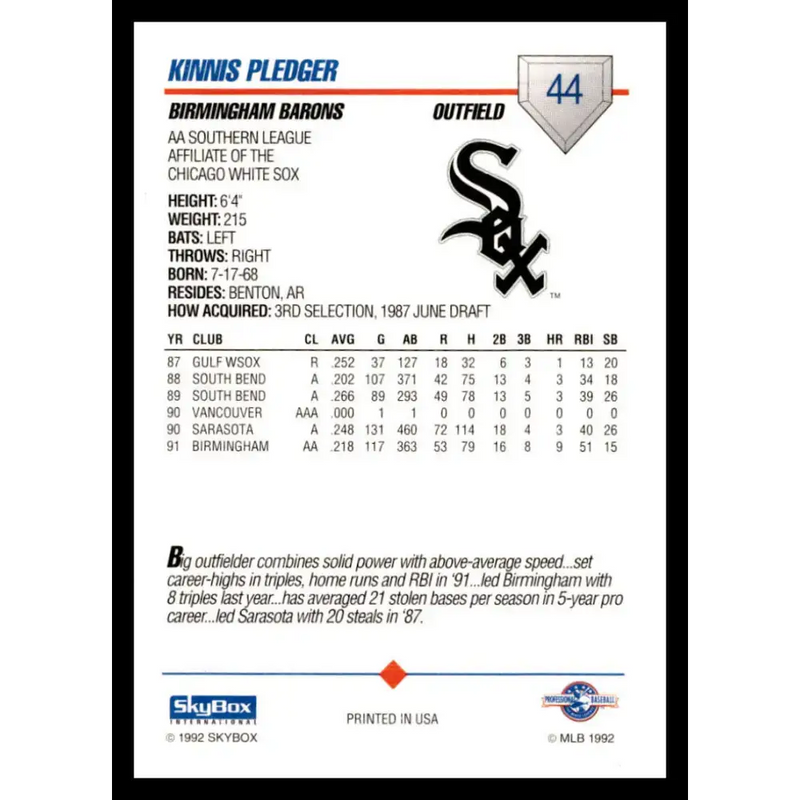 1992 Skybox AA #44 Kinnis Pledger Birmingham Barons NM-MT Baseball Card - Baseball Card Single