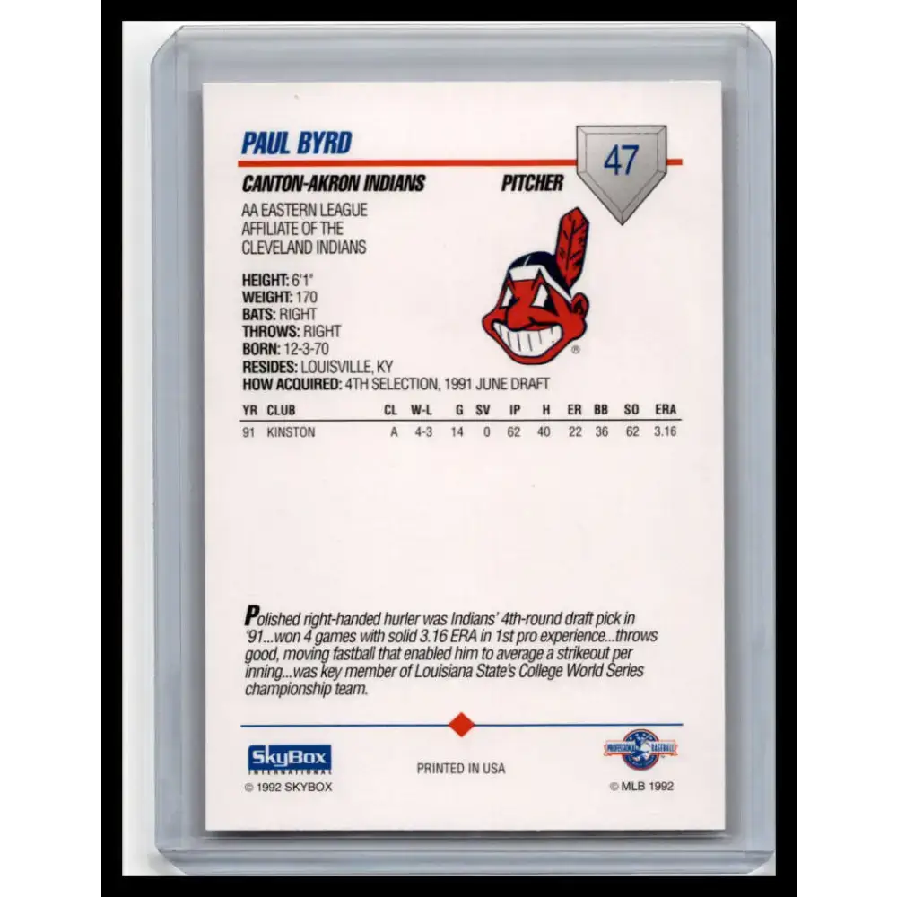 1992 Skybox AA #47 Paul Byrd Canton-Akron Indians NM-MT Baseball Card - Baseball Card Single