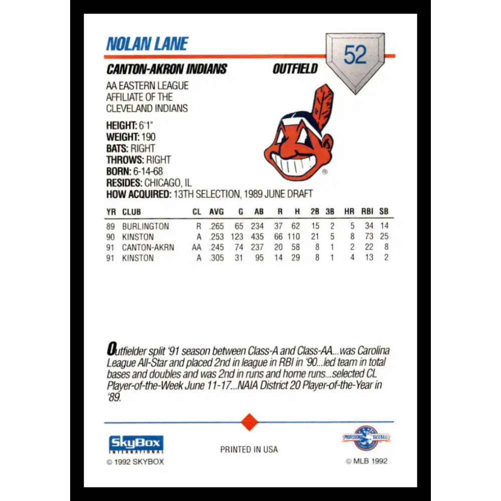 1992 Skybox AA #52 Nolan Lane Canton-Akron Indians NM-MT Baseball Card - Baseball Card Single