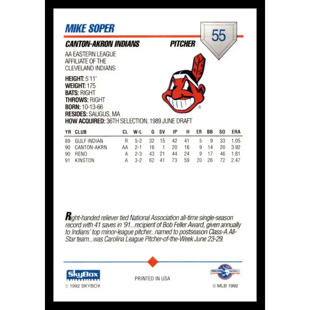 1992 Skybox AA #55 Mike Soper Canton-Akron Indians NM-MT Baseball Card - Baseball Card Single