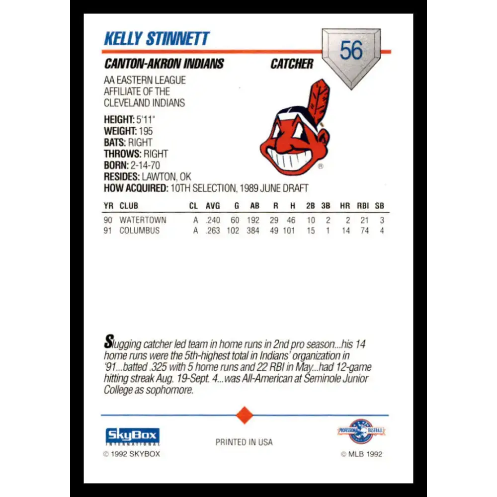 1992 Skybox AA #56 Kelly Stinnett Canton-Akron Indians NM-MT Baseball Card - Baseball Card Single