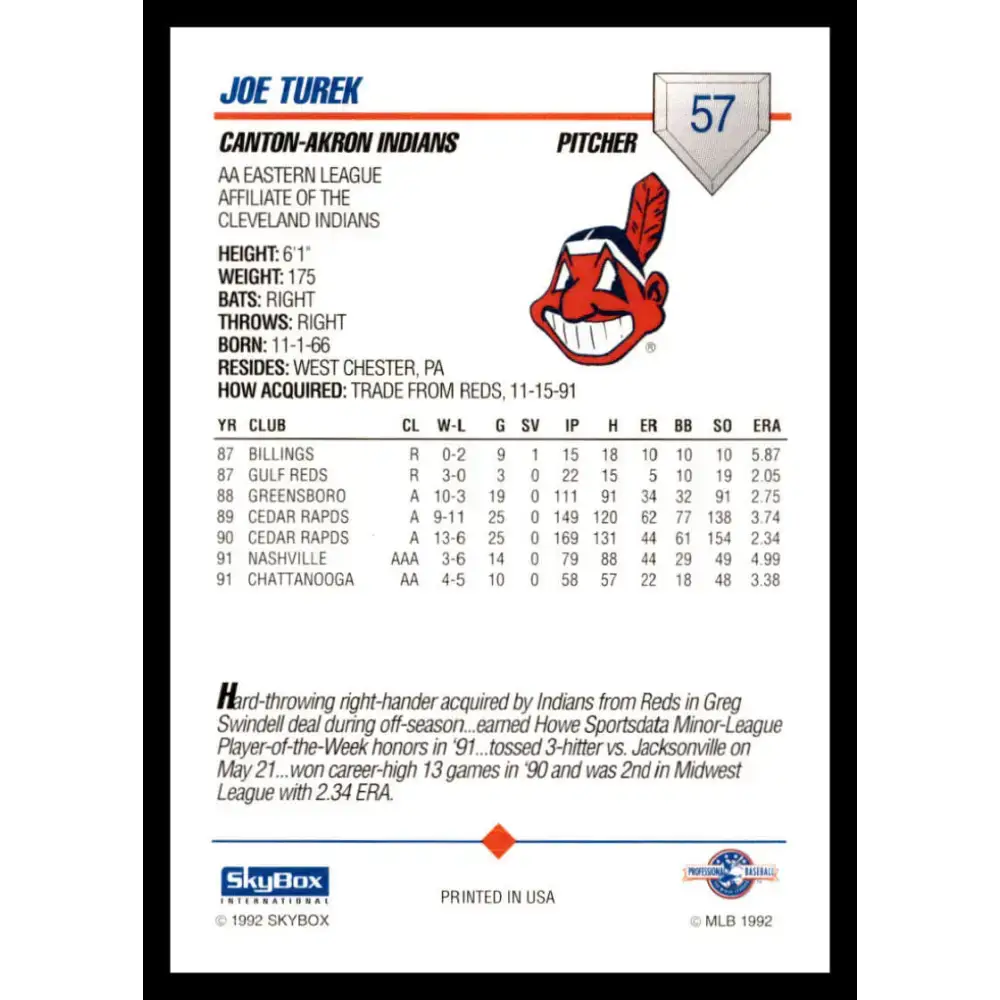 1992 Skybox AA #57 Joe Turek Canton-Akron Indians NM-MT Baseball Card - Baseball Card Single