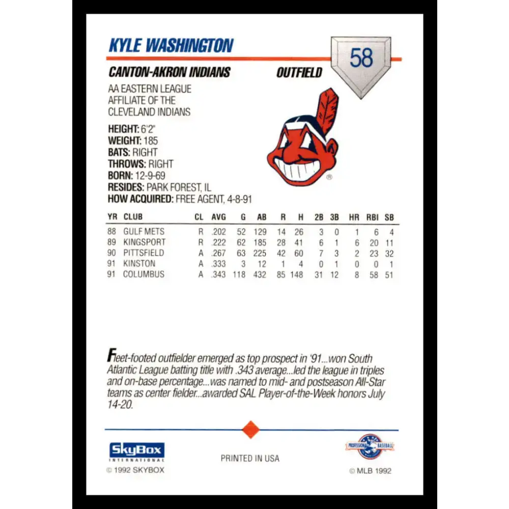 1992 Skybox AA #58 Kyle Washington Canton-Akron Indians NM-MT Baseball Card - Baseball Card Single