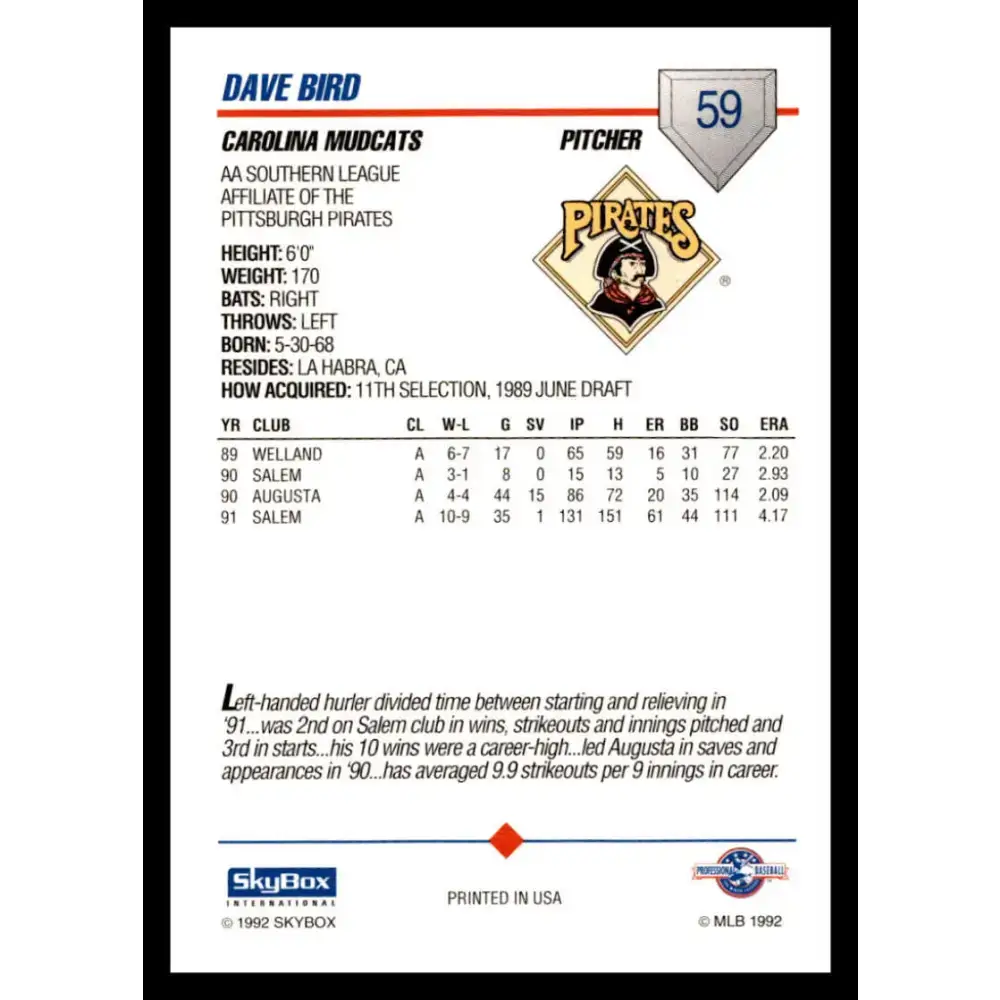 1992 Skybox AA #59 Dave Bird Carolina Mudcats NM-MT Baseball Card - Baseball Card Single