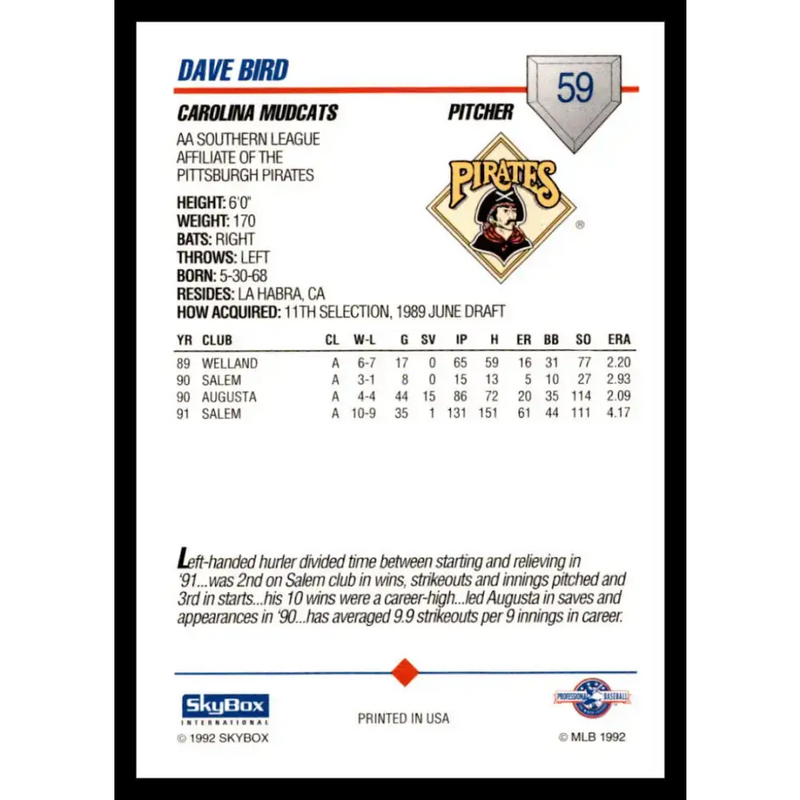 1992 Skybox AA #59 Dave Bird Carolina Mudcats NM-MT Baseball Card - Baseball Card Single
