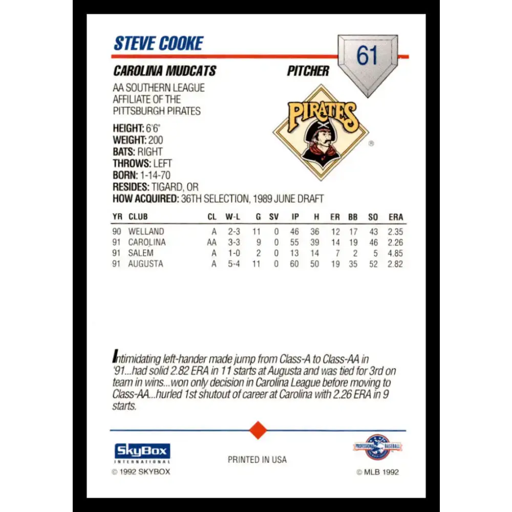 1992 Skybox AA #61 Steve Cooke Carolina Mudcats NM-MT Baseball Card - Baseball Card Single