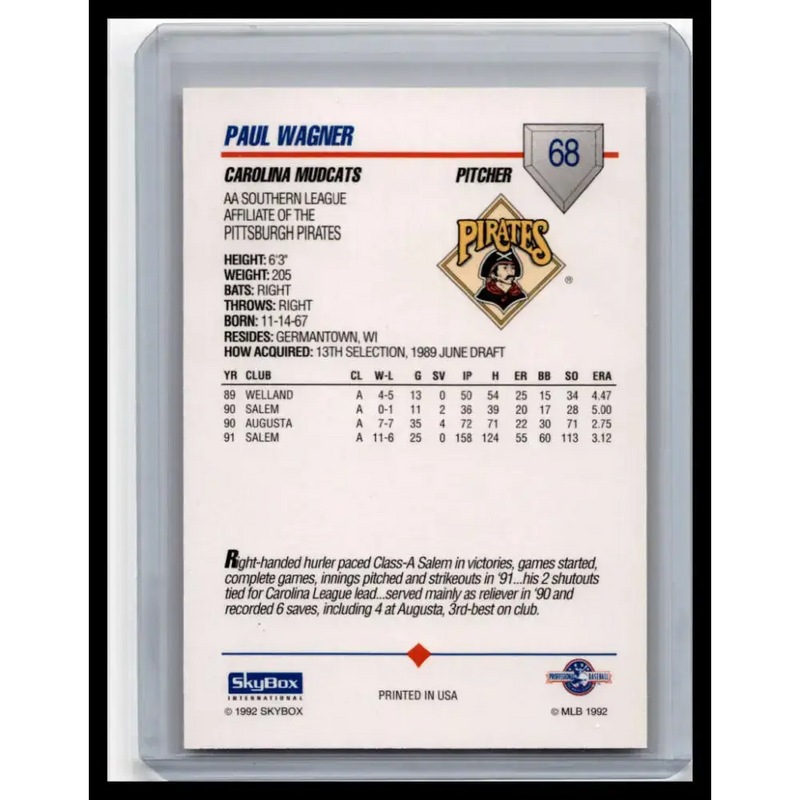 1992 Skybox AA #68 Paul Wagner Carolina Mudcats NM-MT Baseball Card - Baseball Card Single