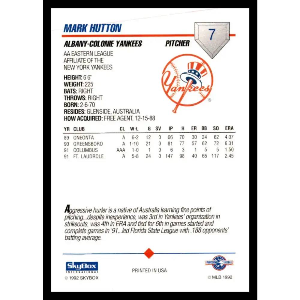 1992 Skybox AA #7 Mark Hutton Albany-Colonie Yankees NM-MT Baseball Card - Baseball Card Single