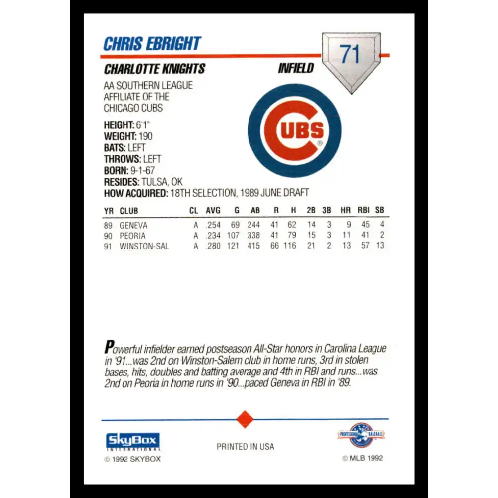 1992 Skybox AA #71 Chris Ebright Charlotte Knights NM-MT Baseball Card - Baseball Card Single