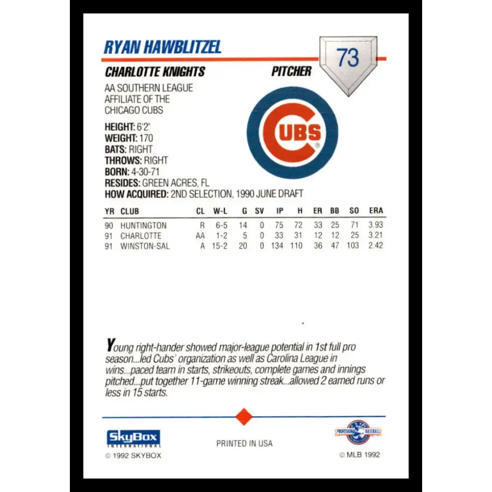 1992 Skybox AA #73 Ryan Hawblitzel Charlotte Knights NM-MT Baseball Card - Baseball Card Single