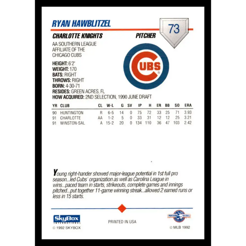1992 Skybox AA #73 Ryan Hawblitzel Charlotte Knights NM-MT Baseball Card - Baseball Card Single